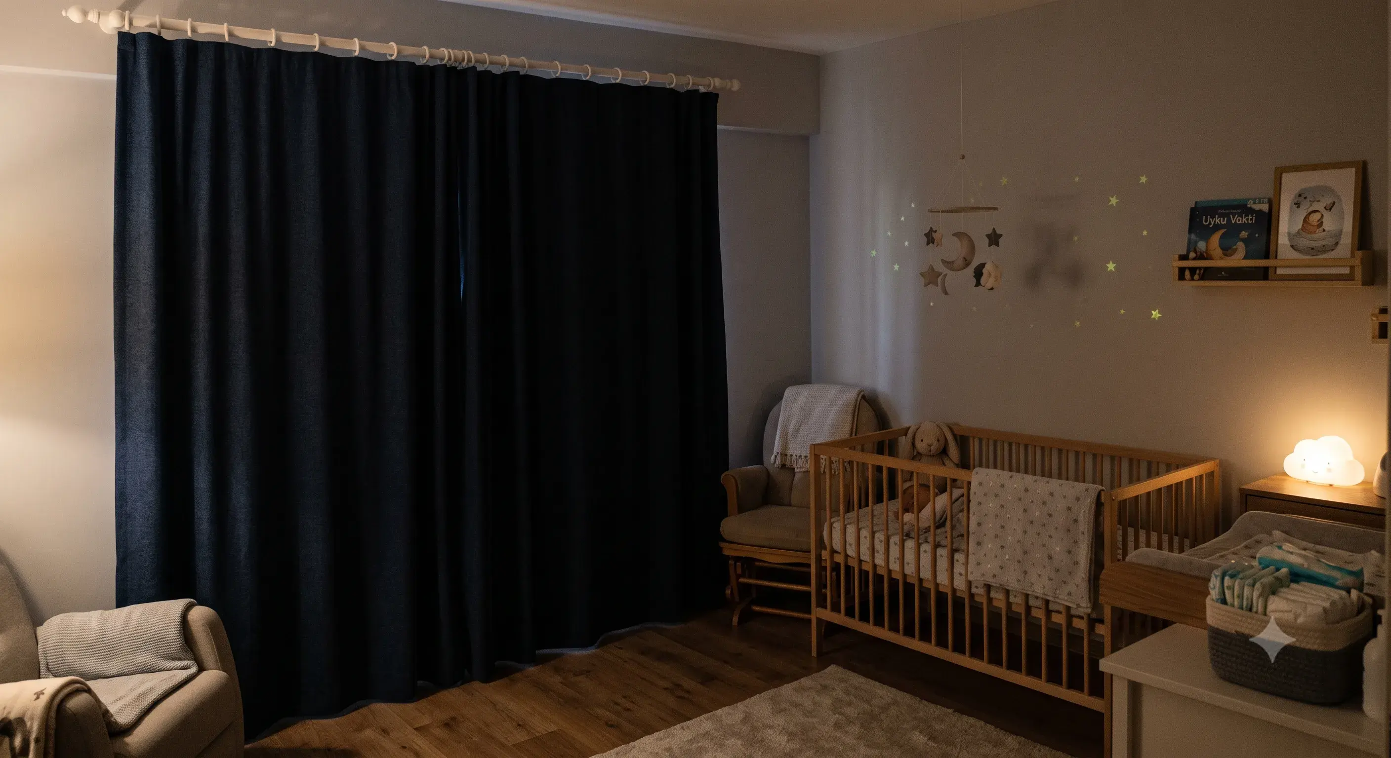 Bebek odasında kaliteli uyku için ışığı tamamen kesen karartma stor perde kullanımı