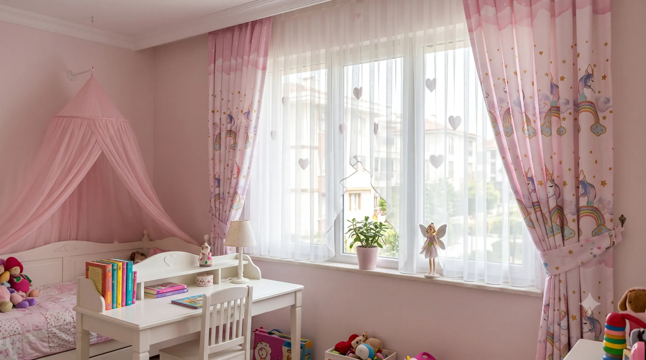Pudra ve pembe tonlarıyla tasarlanmış kız çocuk odası tül ve fon perde kombinasyonu