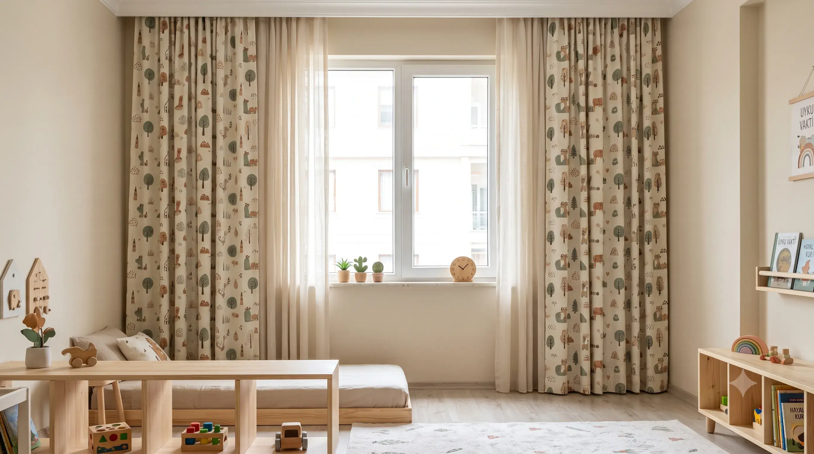 Montessori felsefesine uygun yer yatağı ve güvenli, yere değmeyen perde çözümü